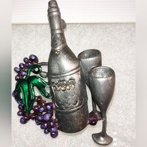 OAJC Stamped Wine Bottle Grapes Pewter Brooch